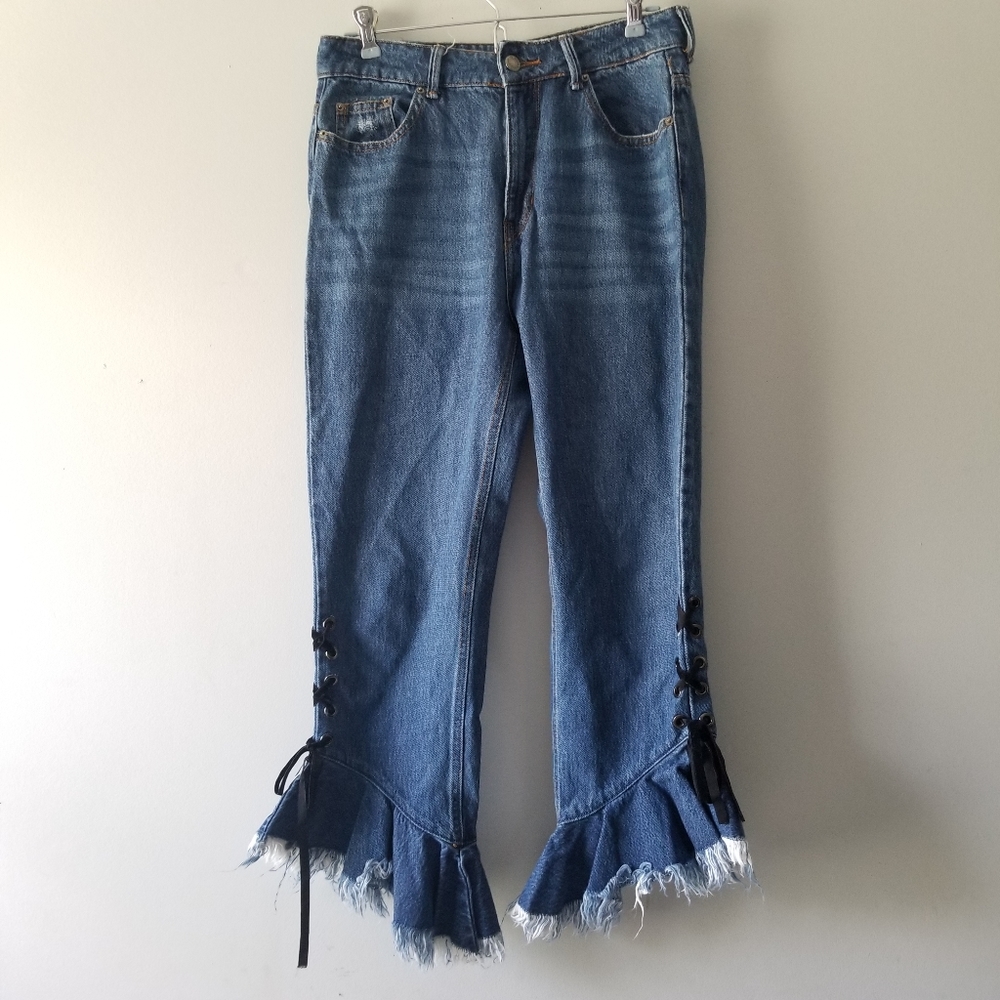 Bershka Frill Flared Crop Blue Jeans 6